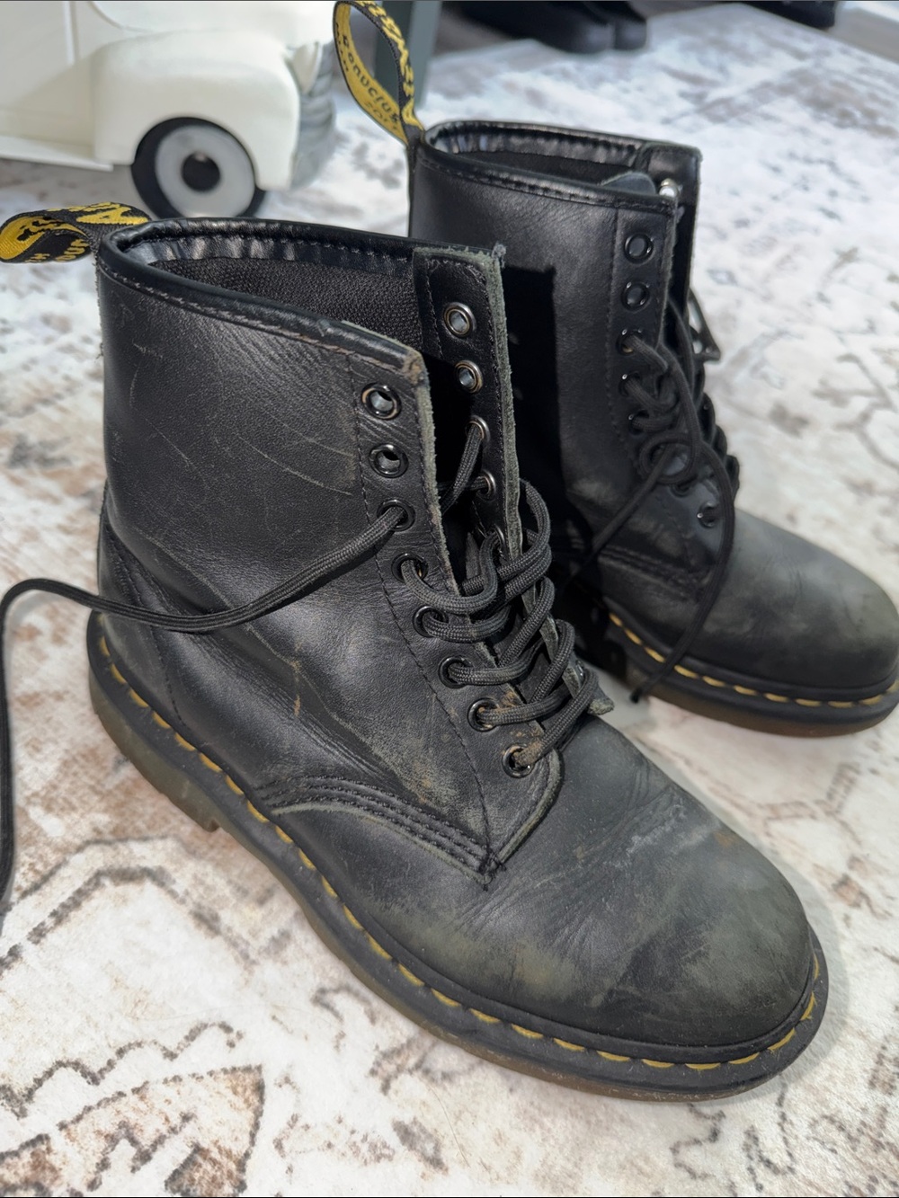Dr. Martens Black Leather Lace-Up Boots with Yellow Stitching